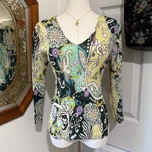 VTG 90s/Y2K Alberto Makali Green Multicolor Crinkle Sequin Whimsy 3/4 Sleeve Top